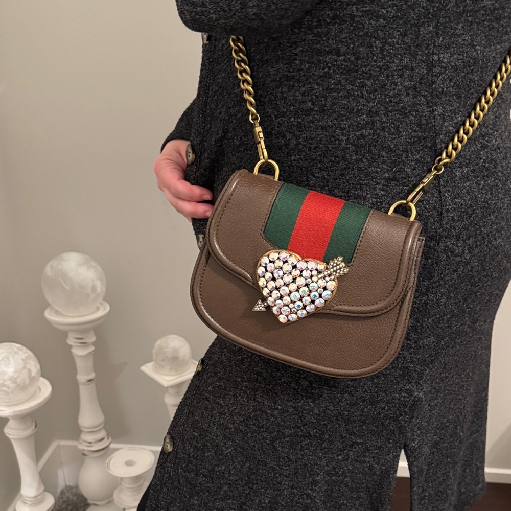 Gucci Totem Crystal Heart Brown Leather Crossbody with Two Straps - Picture 13 of 13